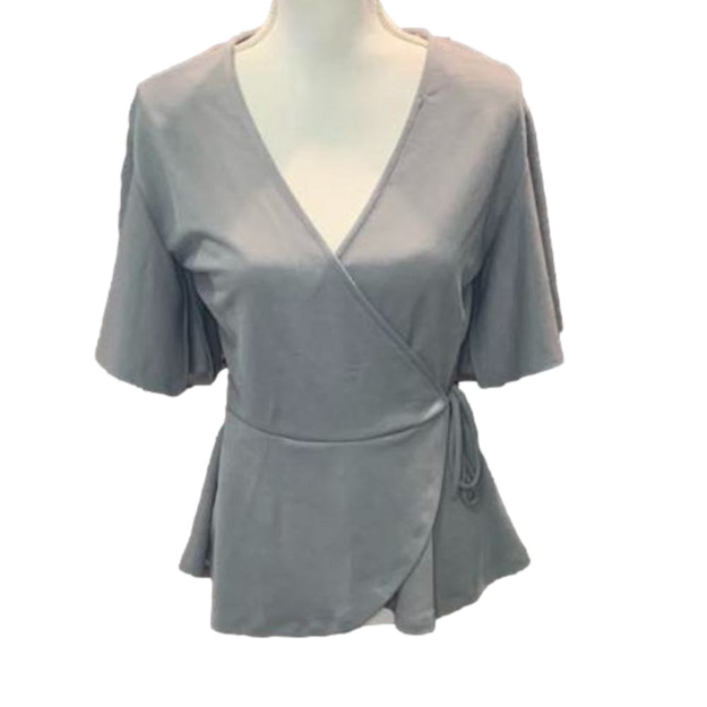 🔥🔥SALE🔥🔥Blue Rain Grey Wrap Blouse Top with flutter sleeves